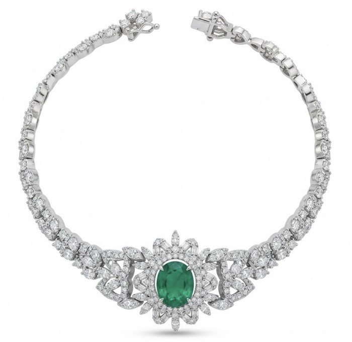 Precious 8.2 carat natural Colombian Emerald rhodium over .925 Sterling Silver .925 Sterling Silver Statement Bracelet