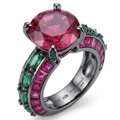 Exquisite 10.7 ctw Mozambique Ruby 3.5 carat Emerald .925 Sterling Silver dipped in Rhodium handcrafted Statement Ring size 8