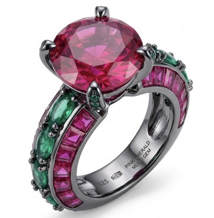 Exquisite 10.7 ctw Mozambique Ruby 3.5 carat Emerald .925 Sterling Silver dipped in Rhodium handcrafted Statement Ring size 8