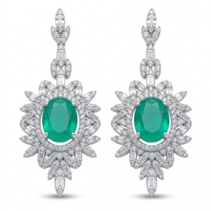 Luxurious - 7.8 carat Colombian Emerald .925 Sterling Silver dipped in rhodium handmade Statement Earrings