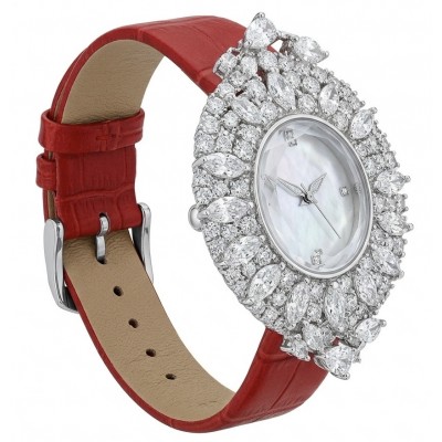 Precious 22.5 carat Authentic Moissanite Genuine red Leather strap .925 Sterling Silver handmade Watch