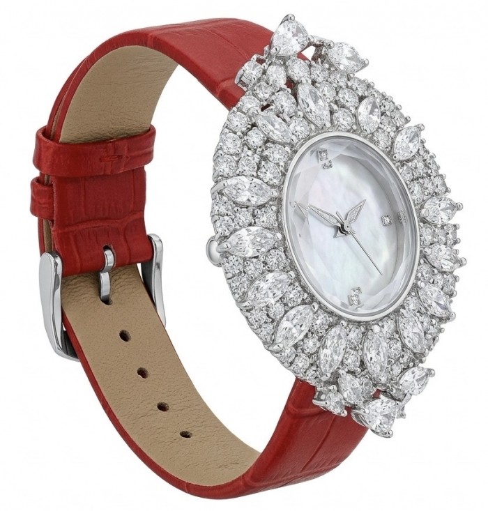 Precious 22.5 carat Authentic Moissanite Genuine red Leather strap .925 Sterling Silver handmade Watch