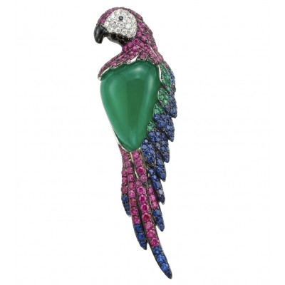 Vibrance & Joy - exotic Parrot - Genuine 22.4 carat Jade from New Zealand .925 Sterling Silver dipped in rhodium handmade Pendant - Brooch
