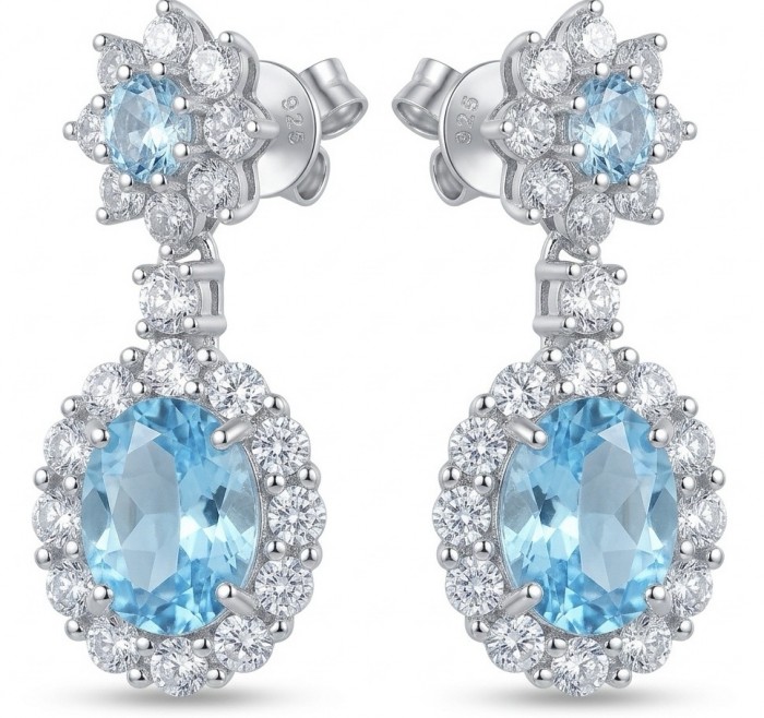 Royalty 9.5 carat genuine Swiss Blue Topaz .925 Sterling Silver handmade Statement Handcrafted earrings