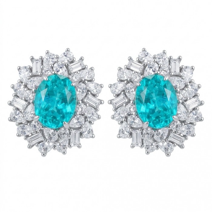 Royalty oval cut 5.2 carat Paraiba Tourmaline .925 Sterling Silver entirely handmade earrings
