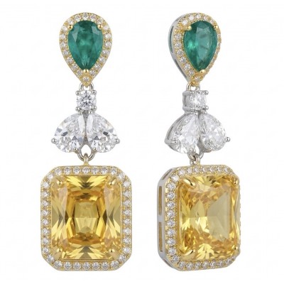 Luxurious 18.5 carat baquette cut Golden - yellow Montana Sapphire 3.8 carat Emerald 18K Gold over .925 Sterling Silver handcrafted earrings