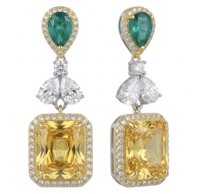 Luxurious 18.5 carat baquette cut Golden - yellow Montana Sapphire 3.8 carat Emerald 18K Gold over .925 Sterling Silver handcrafted earrings