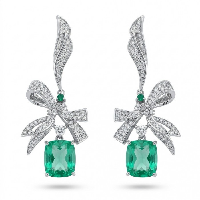 Green Bow - 12.5 carat Green Topaz rhodium over .925 Sterling Silver handmade Statement earrings
