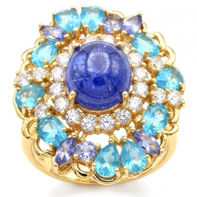 Emily oval cut 5.7 carat Authentic Tanzanite 22K Gold over .925 Sterling Silver handmade Statement ring size 8