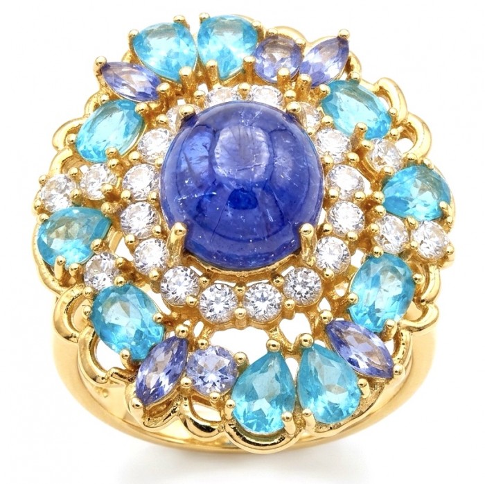 Emily oval cut 5.7 carat Authentic Tanzanite 22K Gold over .925 Sterling Silver handmade Statement ring size 8