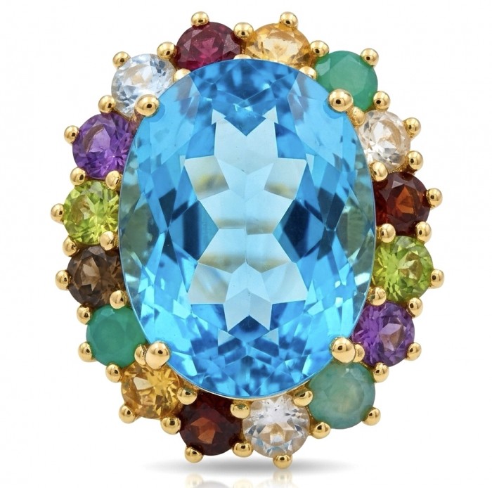The Ocean Empress 55.8 carat Swiss Blue Topaz 22K Gold over .925 Sterling Silver dipped in rhodium handcrafted ring size 8