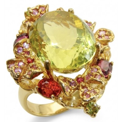 Costa del Sol 33.8 carat Genuine Lemon Quartz 22K Gold over .925 Sterling Silver handcrafted ring size 7 1/4