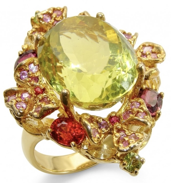Costa del Sol 33.8 carat Genuine Lemon Quartz 22K Gold over .925 Sterling Silver handcrafted ring size 7 1/4