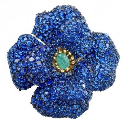 Black Label Collection - Retro Style - Rose Genuine 27.5 carat Sapphire .925 Sterling Silver dipped in rhodium handmade Pendant - Brooch