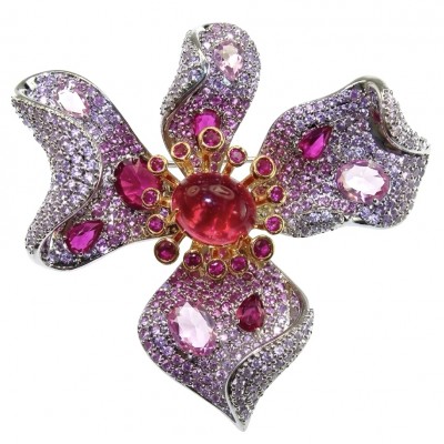 Exotic Flower - RARE FINDING - 7.7 carat Authentic Ruby 22k Gold over .925 Sterling Silver handcrafted Pendant Brooch