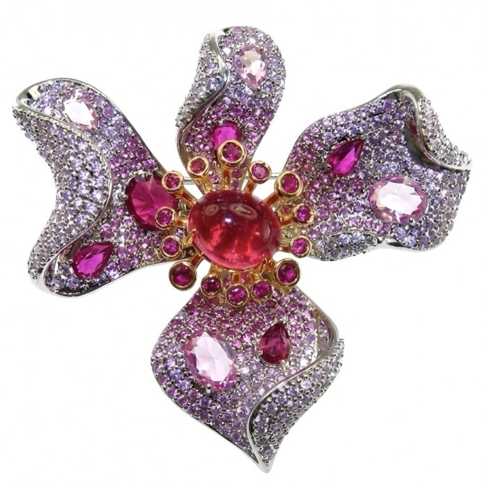 Exotic Flower - RARE FINDING - 7.7 carat Authentic Ruby 22k Gold over .925 Sterling Silver handcrafted Pendant Brooch