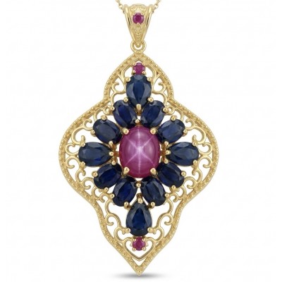 Vintage Style - Precious - Genuine 4.5 carat Ruby Sapphire 18K Gold over .925 Sterling Silver handmade Pendant