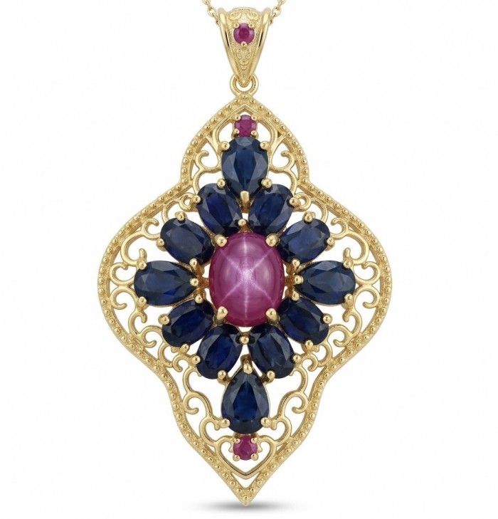 Vintage Style - Precious - Genuine 4.5 carat Ruby Sapphire 18K Gold over .925 Sterling Silver handmade Pendant