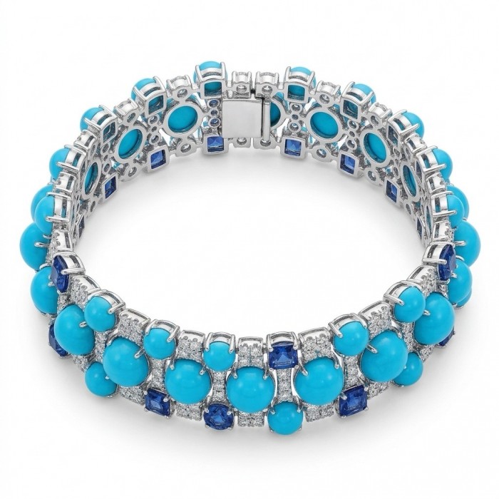 Pacifica - 47.2 carat Turquoise 4.8 carat Sapphire .925 Sterling Silver handmade Statement Bracelet
