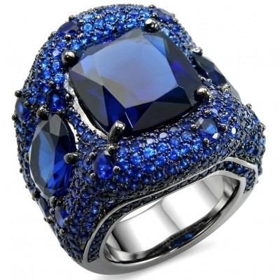 Iconic design - Natural 14.5 carat Sapphire 4.8 carat pave Sapphire rhodium over .925 Sterling Silver handcrafted ring size 6 1/4