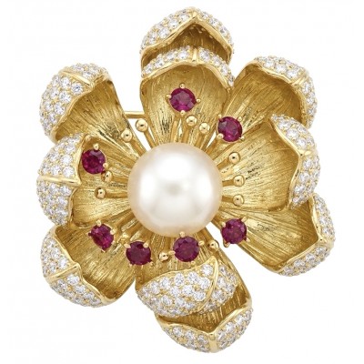 Black Label Collection - Retro Style - Rose Genuine Pearl 4.5 carat Garnet .925 Sterling Silver dipped in 18K Gold handmade Pendant - Brooch