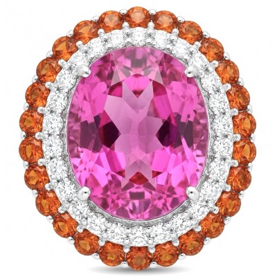 Anastasia 28.2 carat Pink Sapphire 1.8 carat Ruby 1.4 carat Moissanite .925 Sterling Silver dipped in Rhodium Handcrafted Statement Ring size 8