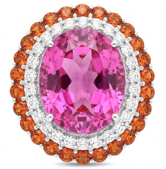 Anastasia 28.2 carat Pink Sapphire 1.8 carat Ruby 1.4 carat Moissanite .925 Sterling Silver dipped in Rhodium Handcrafted Statement Ring size 8
