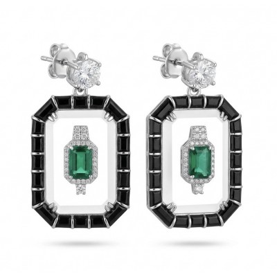 Art Deco - Magnificent Jewel 6.5 carat Colombian Emerald Enamel .925 Sterling Silver dipped in Rhodium handcrafted earrings
