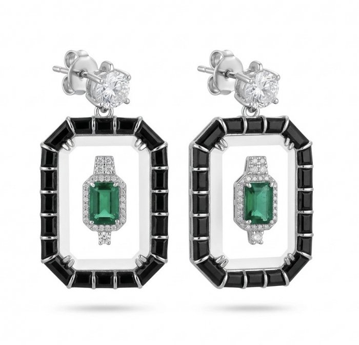 Art Deco - Magnificent Jewel 6.5 carat Colombian Emerald Enamel .925 Sterling Silver dipped in Rhodium handcrafted earrings - video