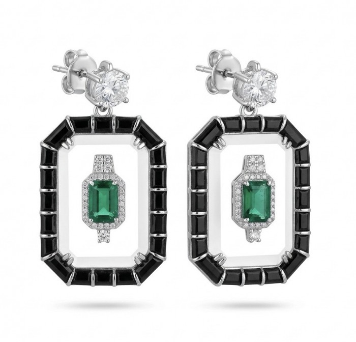 Art Deco - Magnificent Jewel 6.5 carat Colombian Emerald Enamel .925 Sterling Silver dipped in Rhodium handcrafted earrings