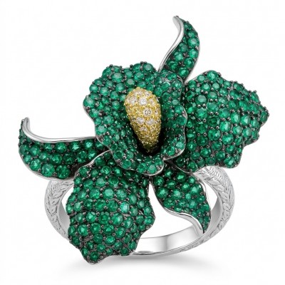 Precious Orchid Bloosom Genuine pave 18.5 carat Emerald .925 Sterling Silver handmade LARGE Statement Ring size 7