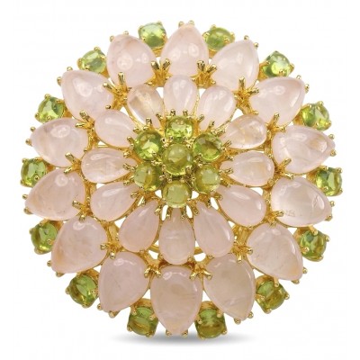 Vintage Floral design genuine 48.5 carat Brazilian Rose Quartz 18k Gold over .925 Sterling Silver handmade Pendant - Brooch