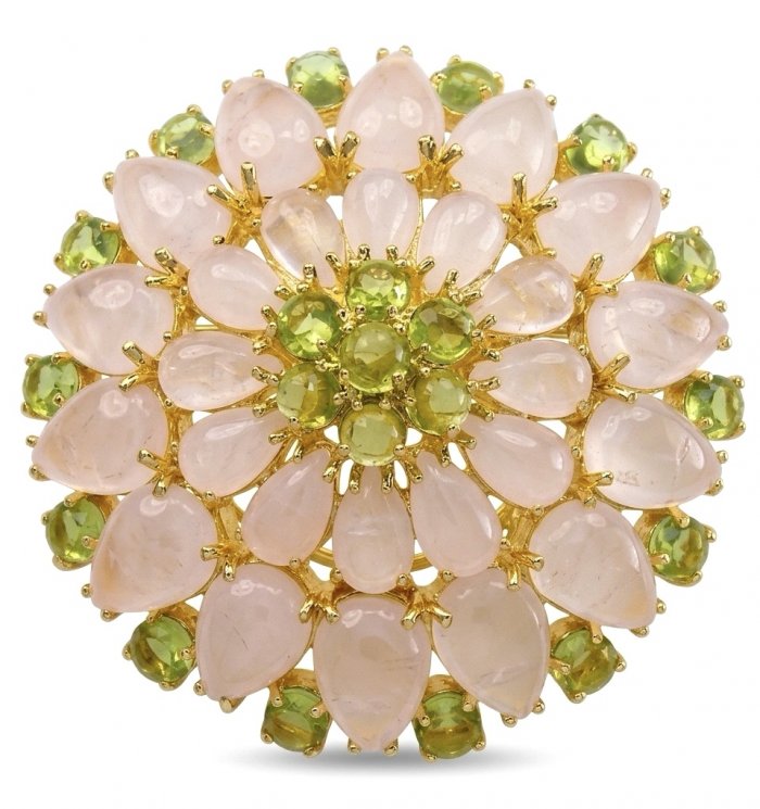 Vintage Floral design genuine 48.5 carat Brazilian Rose Quartz 18k Gold over .925 Sterling Silver handmade Pendant - Brooch - video