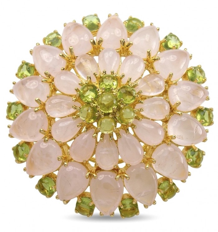 Vintage Floral design genuine 48.5 carat Brazilian Rose Quartz 18k Gold over .925 Sterling Silver handmade Pendant - Brooch