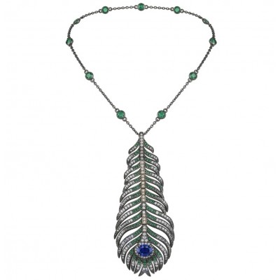 Precious Magic Feather 4.2 carat Sapphire 2.8 carata pave Emerald .925 Sterling Silver dipped in black rhodium Statement Necklace
