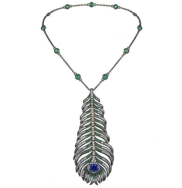 Precious Magic Feather 4.2 carat Sapphire 2.8 carata pave Emerald .925 Sterling Silver dipped in black rhodium Statement Necklace