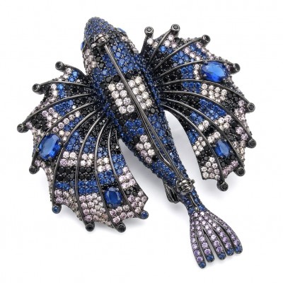 Flying Fish genuine 17.5 CARAT Sapphire black rhodium over .925 Sterling Silver handmade Brooch