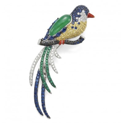 Exotic Parrot - Genuine 18.4 carat Jade from New Zealand .925 Sterling Silver dipped in rhodium handmade Pendant - Brooch