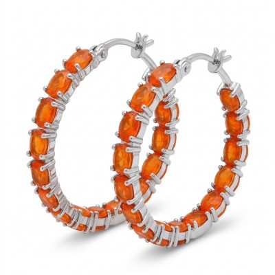Valentina 3.7 carat Natural Fire Orange Opal rhodium over .925 Sterling Silver handcrafted inside - out Hoop earrings