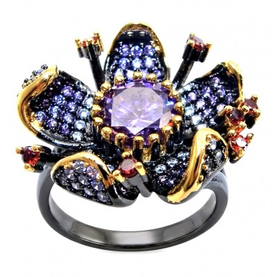 Exotic Flower 4.2 carat Amethyst .925 Sterling Silver dipped in Rhodium 18K Gold Handcrafted Ring size 8
