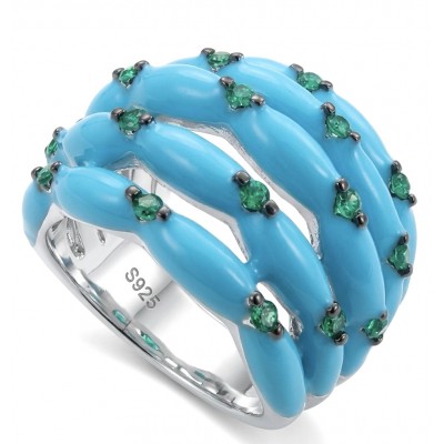 Rare authentic Turquoise enamel rhodium over .925 Sterling Silver handcrafted Large ring; s. 7 1/4