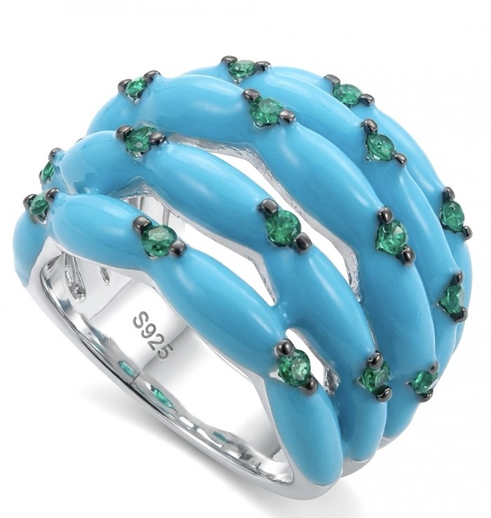 Rare authentic Turquoise enamel rhodium over .925 Sterling Silver handcrafted Large ring; s. 7 1/4