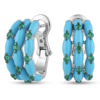 Natural Turquoise Enamel 0.4 carat Chrome Diopside rhodium over .925 Sterling Silver handcrafted earrings