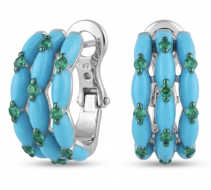 Natural Turquoise Enamel 0.4 carat Chrome Diopside rhodium over .925 Sterling Silver handcrafted earrings