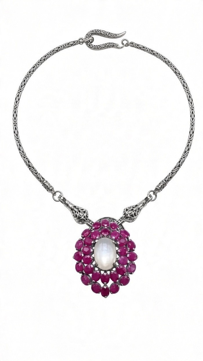 Strawberry's Field - 10.2 carat Rose Quartz 14.7 Ruby rhodium over .925 Sterling Silver .925 Sterling Silver Necklace