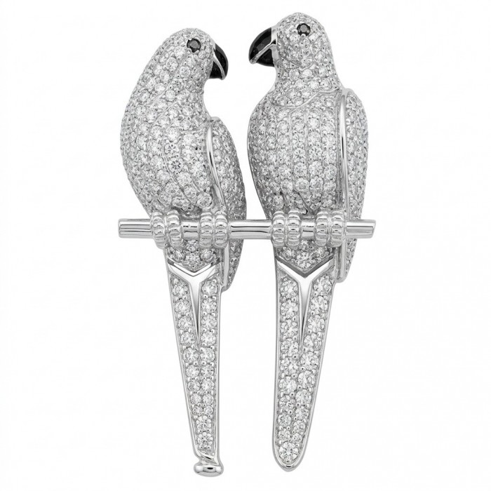 Attract YOUR Luck - Two Parrots 4.2 CARAT pave Moissanite .925 Sterling Silver dipped in rhodium handcrafted Brooch