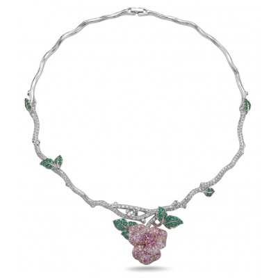 Enchanted Rose 5.5 carat pave Pink Sapphire rhodium over .925 Sterling Silver handcrafted necklace