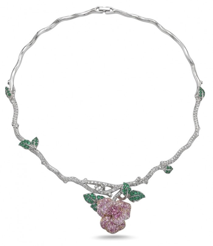 Enchanted Rose 5.5 carat pave Pink Sapphire rhodium over .925 Sterling Silver handcrafted necklace