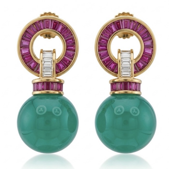 Art Deco Unique 10.8 carat genuine Jade 1.2 carat Ruby 18K Gold over over .925 Sterling Silver handcrafted earrings