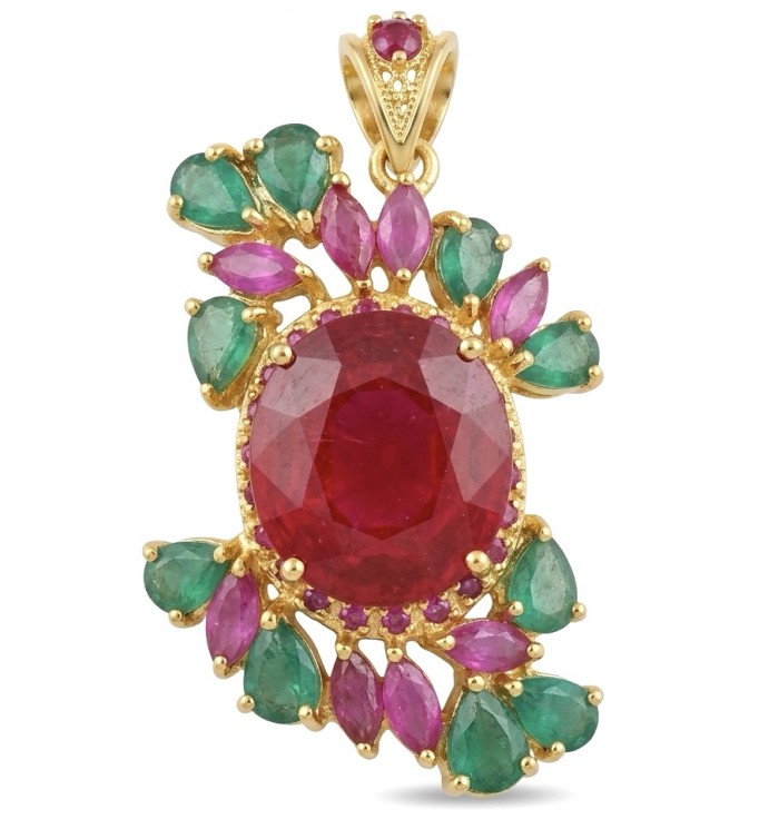 Abundant Blessings Genuine 22.5 carat Ruby 8.2 carat Emerald 18K Gold over .925 Sterling Silver handmade Pendant